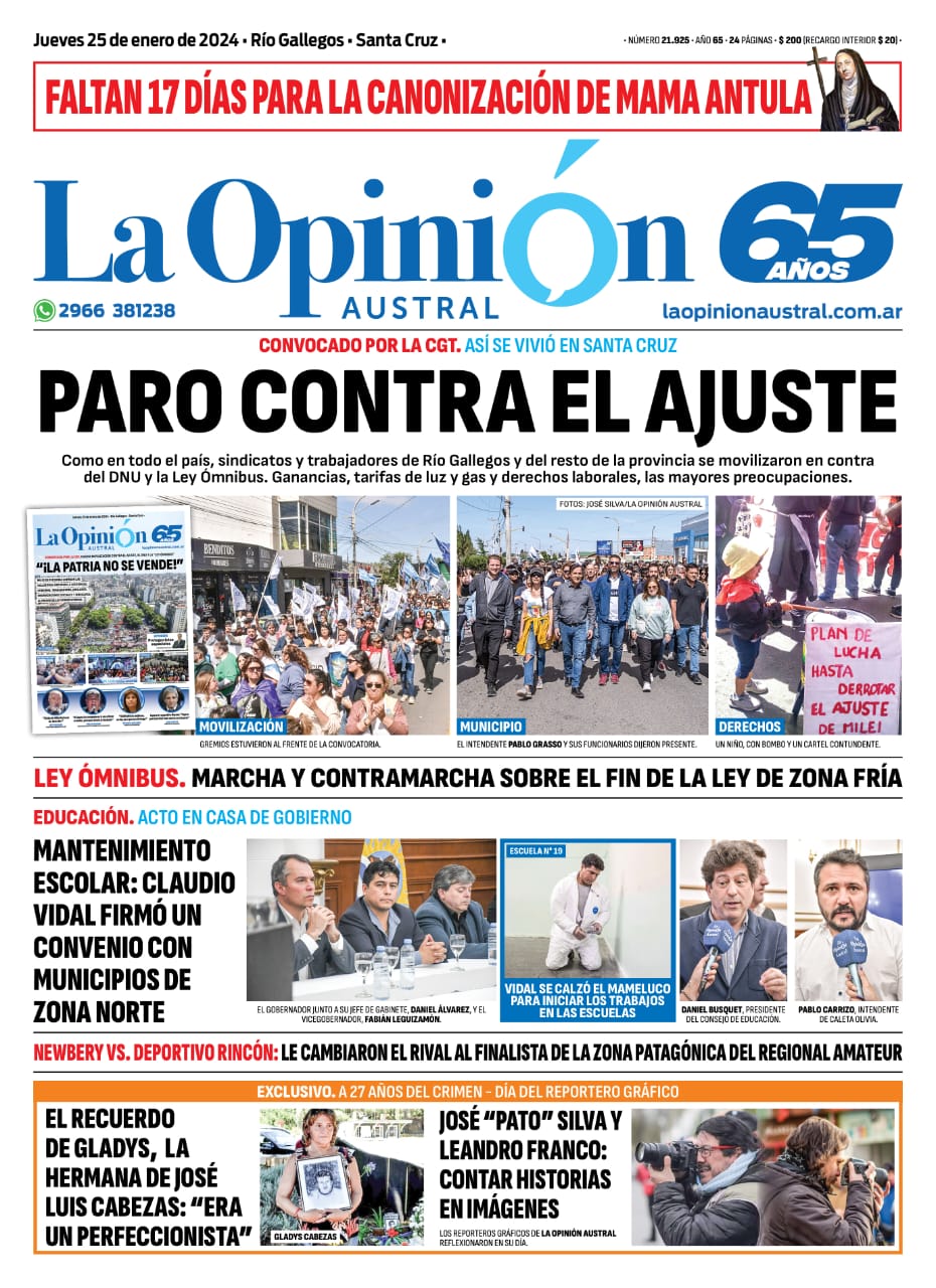 Diario La Opinión Austral tapa edición impresa del jueves 25 de enero de 2024, Río Gallegos, Santa Cruz, Argentina