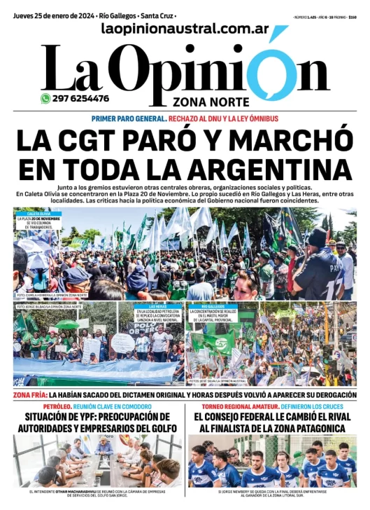 Diario La Opinión Zona Norte tapa edición impresa del jueves 25 de enero de 2024, Caleta Olivia, Santa Cruz, Argentina