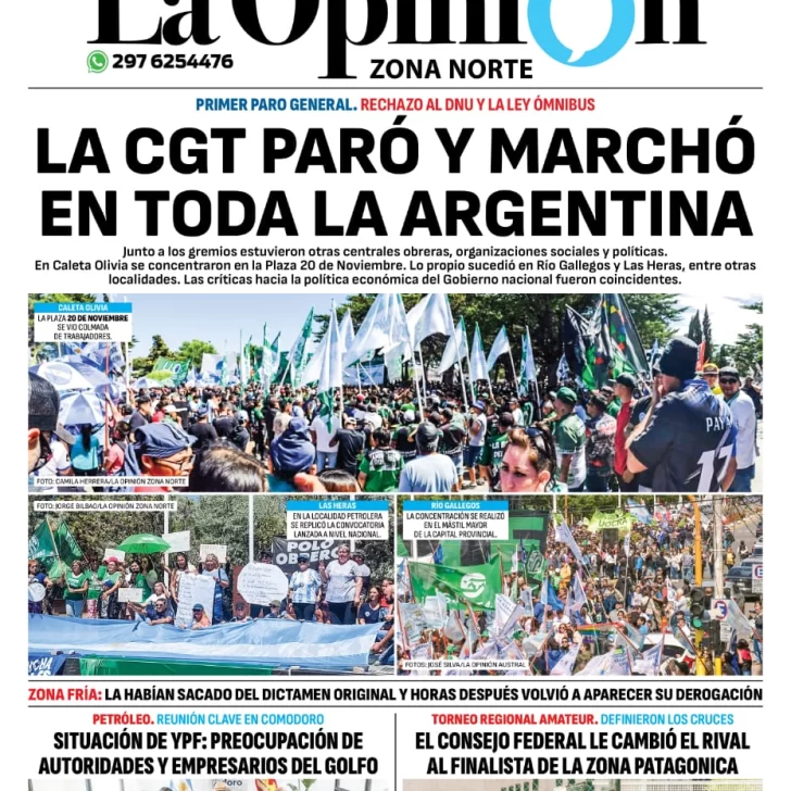 Diario La Opinión Zona Norte tapa edición impresa del jueves 25 de enero de 2024, Caleta Olivia, Santa Cruz, Argentina Diario La Opinión Zona Norte tapa edición impresa del jueves 25 de enero de 2024, Caleta Olivia, Santa Cruz, Argentina