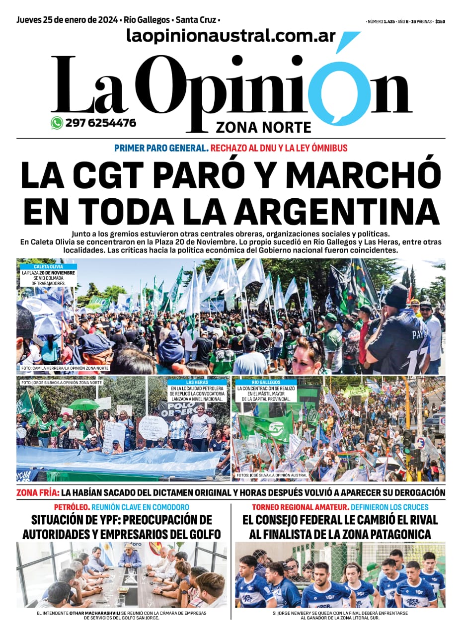 Diario La Opinión Zona Norte tapa edición impresa del jueves 25 de enero de 2024, Caleta Olivia, Santa Cruz, Argentina Diario La Opinión Zona Norte tapa edición impresa del jueves 25 de enero de 2024, Caleta Olivia, Santa Cruz, Argentina