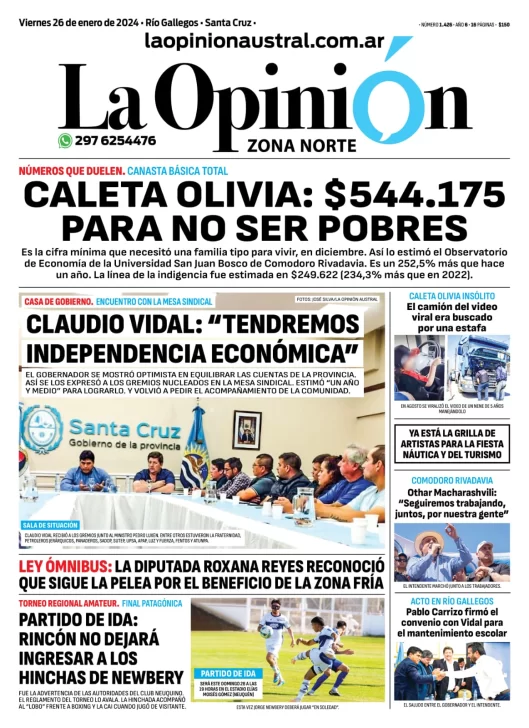 Diario La Opinión Zona Norte tapa edición impresa del viernes 26 de enero de 2024, Caleta Olivia, Santa Cruz, Argentina