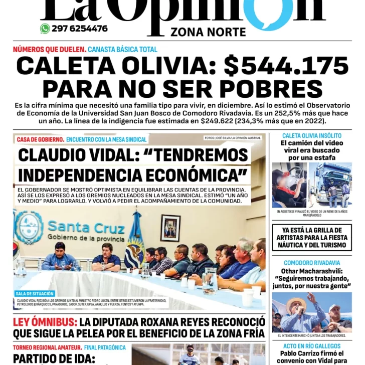 Diario La Opinión Zona Norte tapa edición impresa del viernes 26 de enero de 2024, Caleta Olivia, Santa Cruz, Argentina Diario La Opinión Zona Norte tapa edición impresa del viernes 26 de enero de 2024, Caleta Olivia, Santa Cruz, Argentina