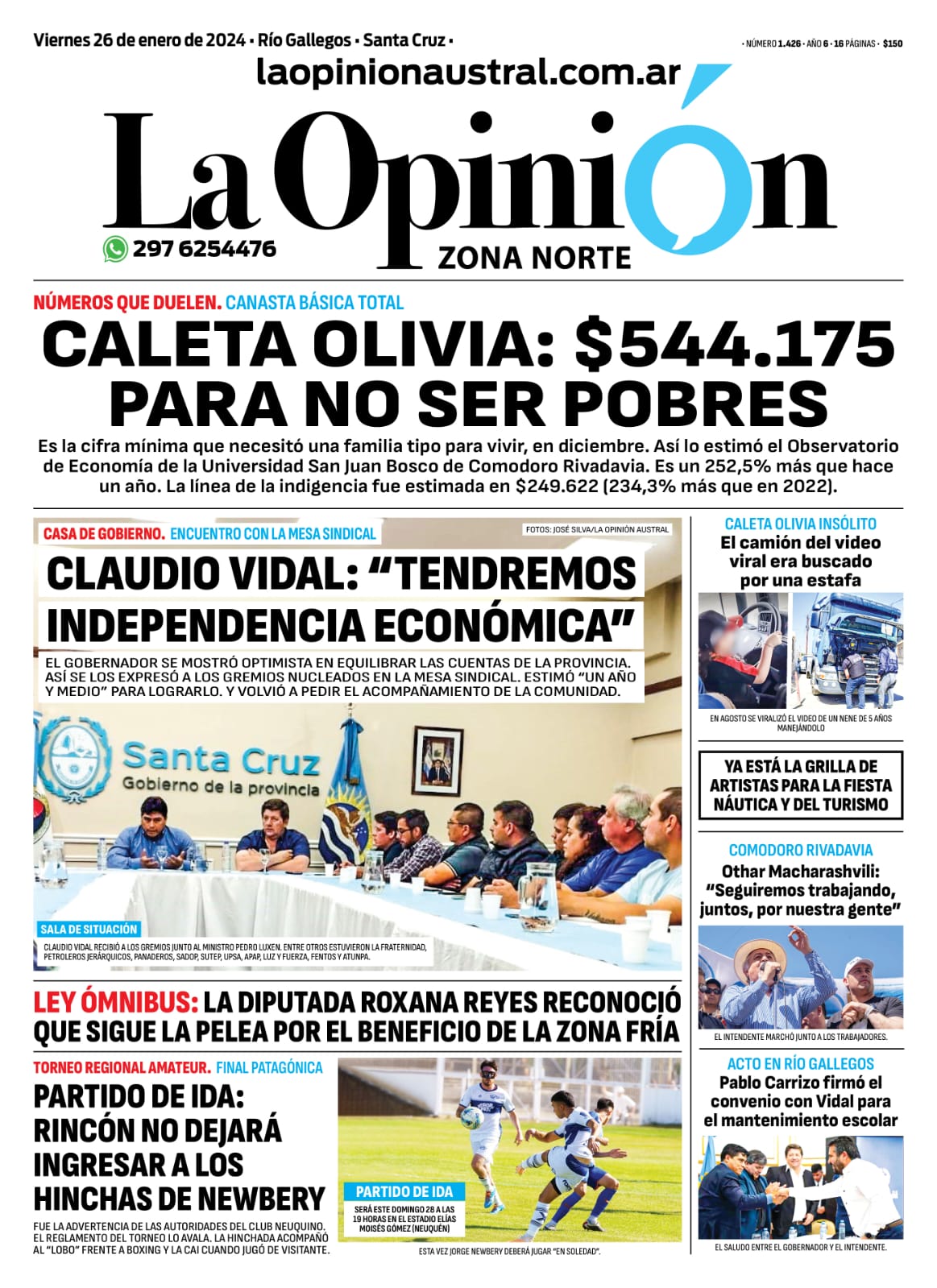 Diario La Opinión Zona Norte tapa edición impresa del viernes 26 de enero de 2024, Caleta Olivia, Santa Cruz, Argentina Diario La Opinión Zona Norte tapa edición impresa del viernes 26 de enero de 2024, Caleta Olivia, Santa Cruz, Argentina