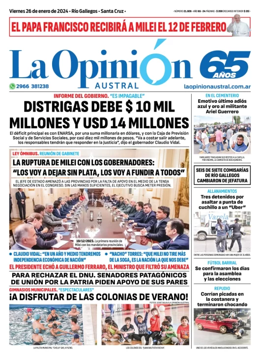 Diario La Opinión Austral tapa edición impresa del viernes 26 de enero de 2024, Río Gallegos, Santa Cruz, Argentina