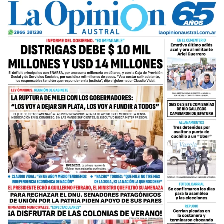 Diario La Opinión Austral tapa edición impresa del viernes 26 de enero de 2024, Río Gallegos, Santa Cruz, Argentina