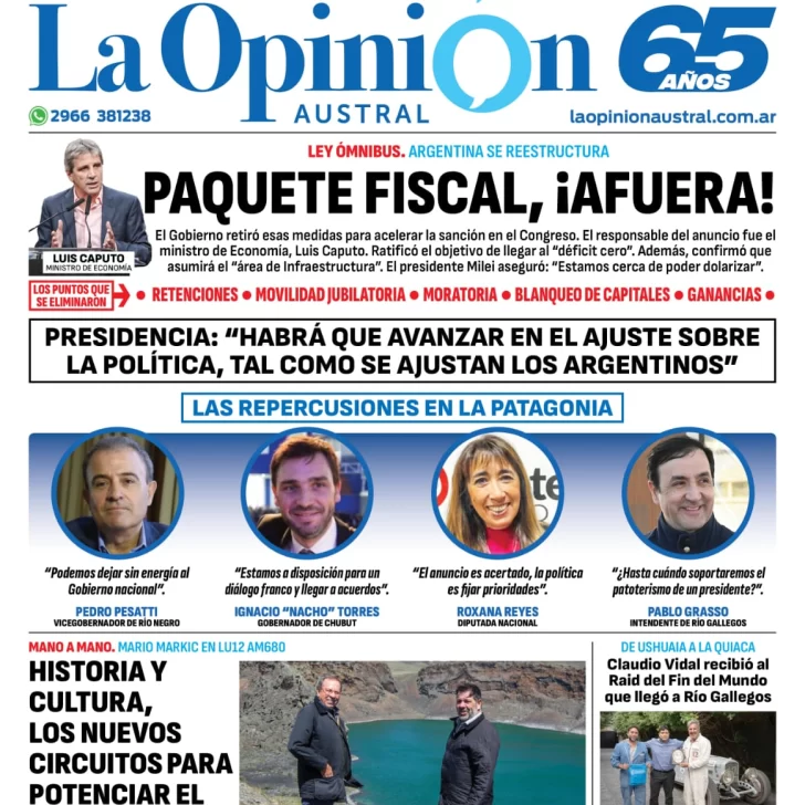 Diario La Opinión Austral tapa edición impresa del sábado 27 de enero de 2024, Río Gallegos, Santa Cruz, Argentina