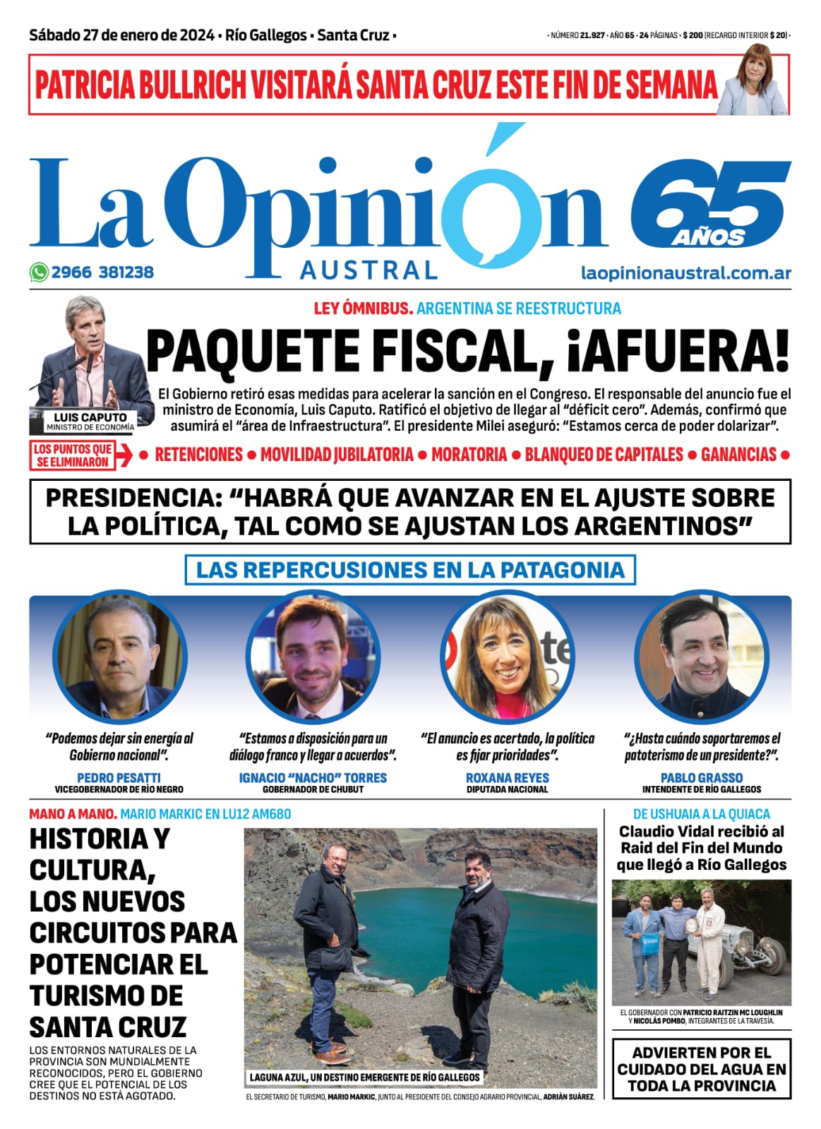 Diario La Opinión Austral tapa edición impresa del sábado 27 de enero de 2024, Río Gallegos, Santa Cruz, Argentina