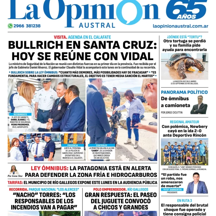 Diario La Opinión Austral tapa edición impresa del lunes 29 de enero de 2024, Río Gallegos, Santa Cruz, Argentina