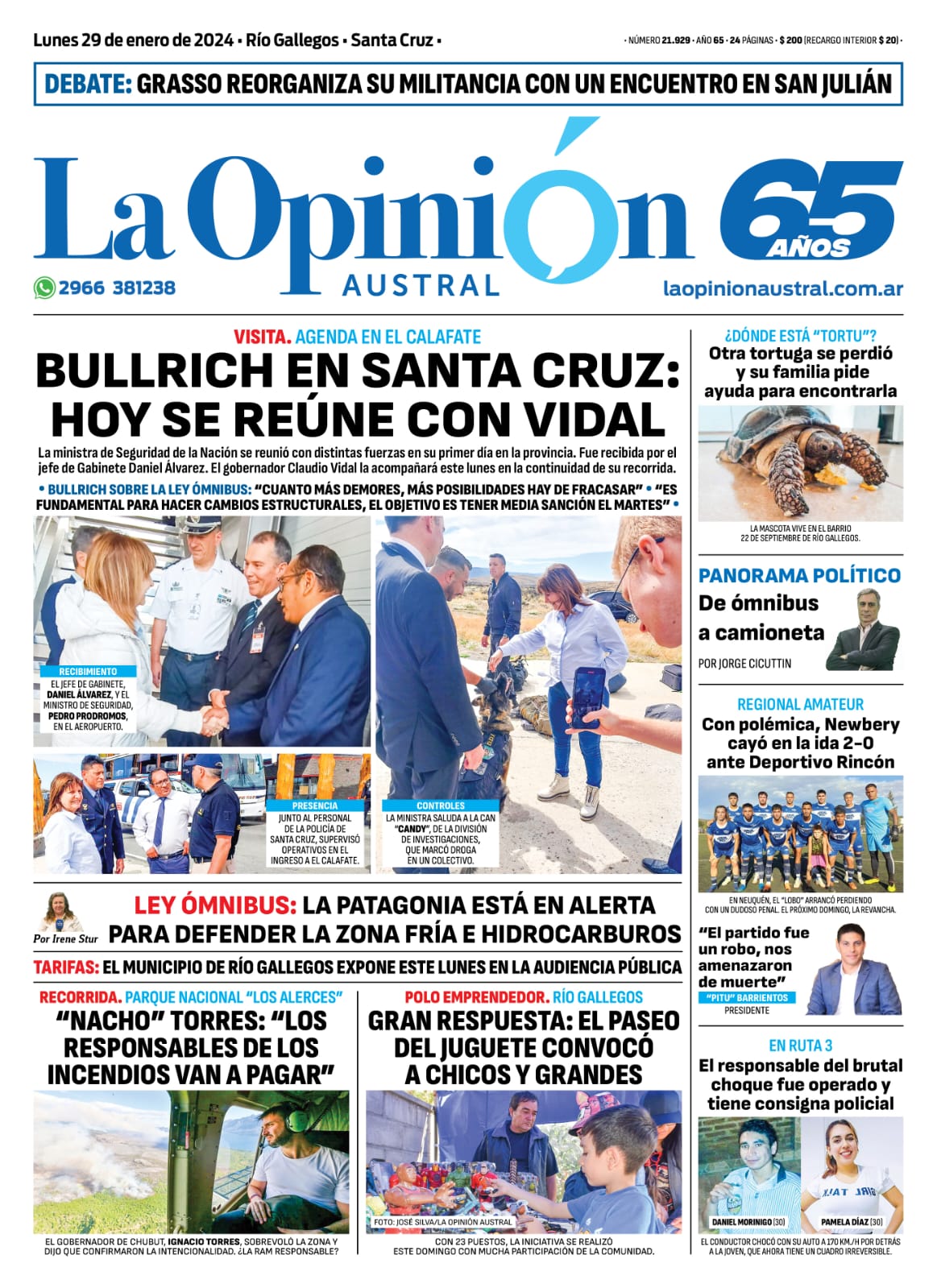 Diario La Opinión Austral tapa edición impresa del lunes 29 de enero de 2024, Río Gallegos, Santa Cruz, Argentina