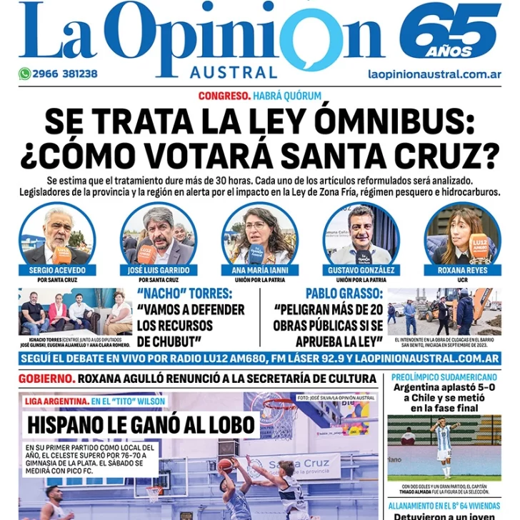 Diario La Opinión Austral tapa edición impresa del miércoles 31 de enero de 2024, Río Gallegos, Santa Cruz, Argentina