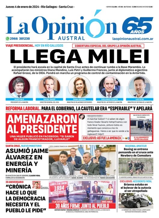 Diario La Opinión Austral tapa edición impresa del jueves 4 de enero de 2024, Río Gallegos, Santa Cruz, Argentina