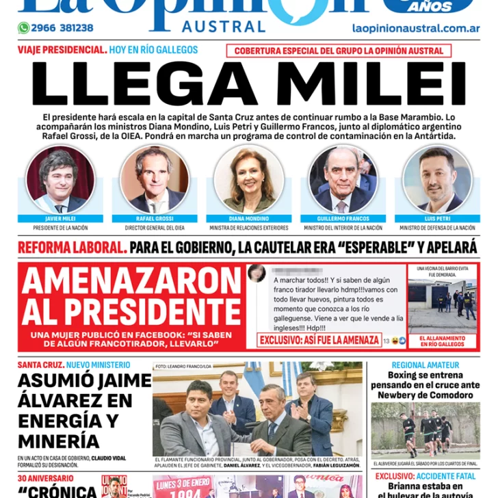 Diario La Opinión Austral tapa edición impresa del jueves 4 de enero de 2024, Río Gallegos, Santa Cruz, Argentina