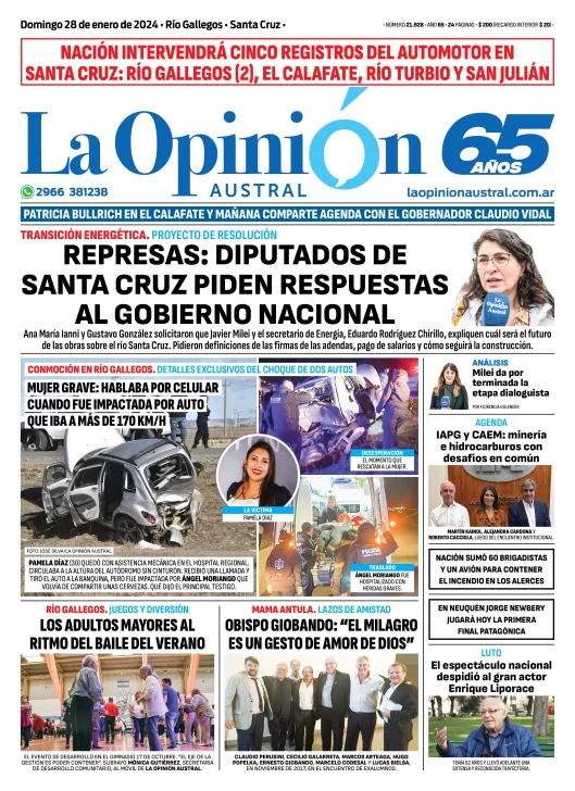 Diario La Opinión Austral tapa edición impresa del domingo 28 de enero de 2024, Río Gallegos, Santa Cruz, Argentina