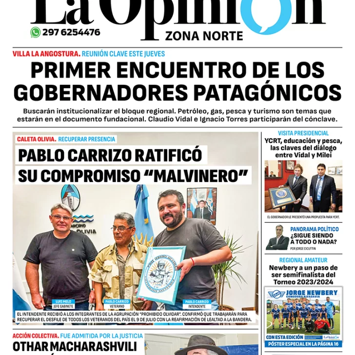 Diario La Opinión Zona Norte tapa edición impresa del lunes 8 de enero de 2024, Caleta Olivia, Santa Cruz, Argentina Diario La Opinión Zona Norte tapa edición impresa del lunes 8 de enero de 2024, Caleta Olivia, Santa Cruz, Argentina
