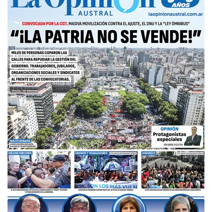 Tapa Especial de La Opinión Austral, cobertura especial del paro del 24 de enero: “La Patria no se vende”