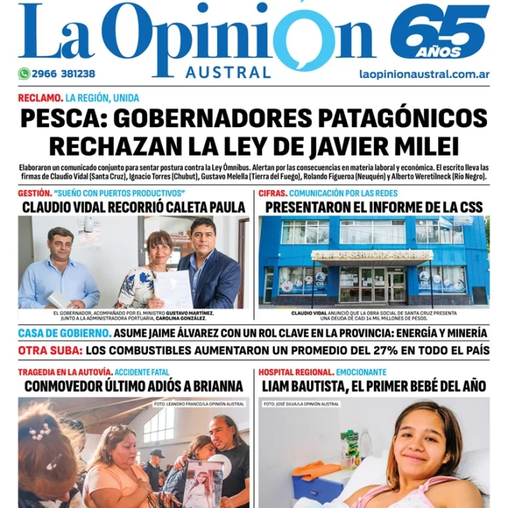 Diario La Opinión Austral tapa edición impresa del miércoles 3 de enero de 2024, Río Gallegos, Santa Cruz, Argentina