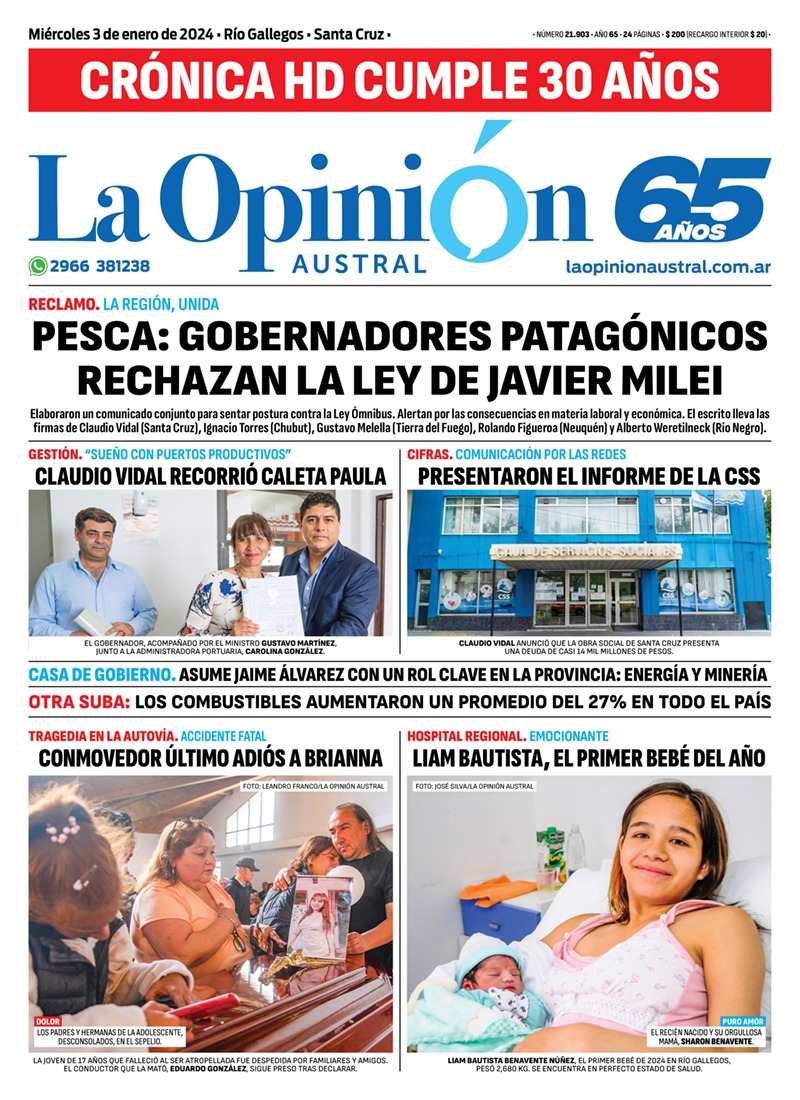 Diario La Opinión Austral tapa edición impresa del miércoles 3 de enero de 2024, Río Gallegos, Santa Cruz, Argentina