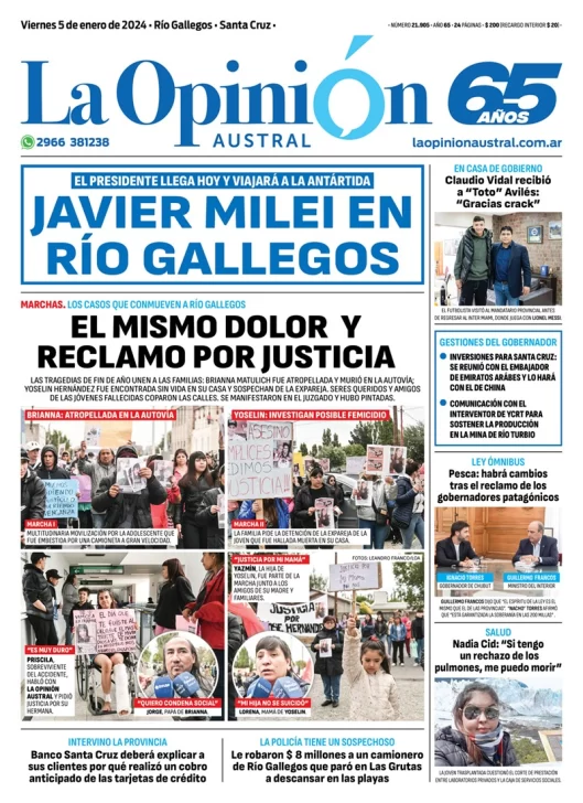 Diario La Opinión Austral tapa edición impresa del viernes 5 de enero de 2024, Río Gallegos, Santa Cruz, Argentina