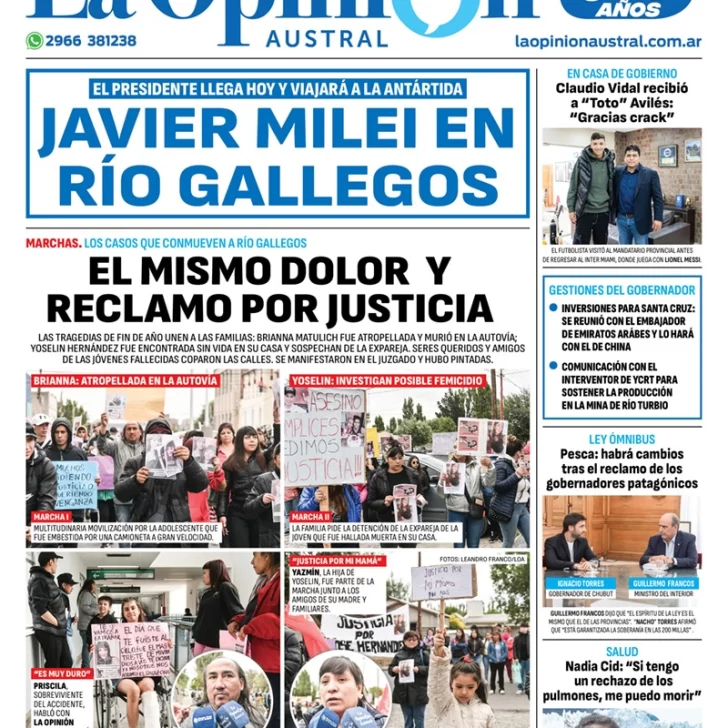 Diario La Opinión Austral tapa edición impresa del viernes 5 de enero de 2024, Río Gallegos, Santa Cruz, Argentina