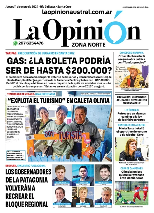 Diario La Opinión Zona Norte Tapa Edición Impresa Del Jueves 11 De Enero De 2024 Caleta Olivia