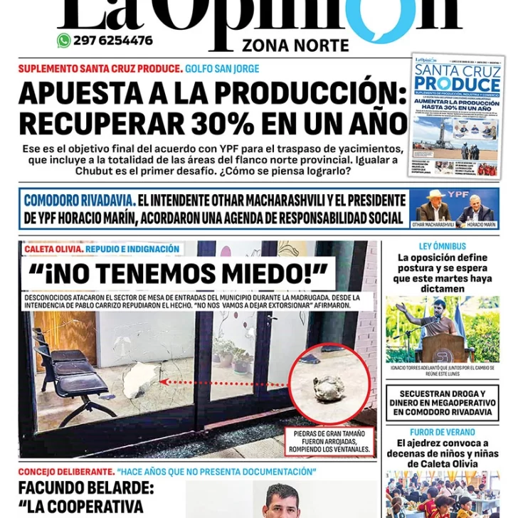 Diario La Opinión Zona Norte tapa edición impresa del lunes 22 de enero de 2024, Caleta Olivia, Santa Cruz, Argentina Diario La Opinión Zona Norte tapa edición impresa del lunes 22 de enero de 2024, Caleta Olivia, Santa Cruz, Argentina