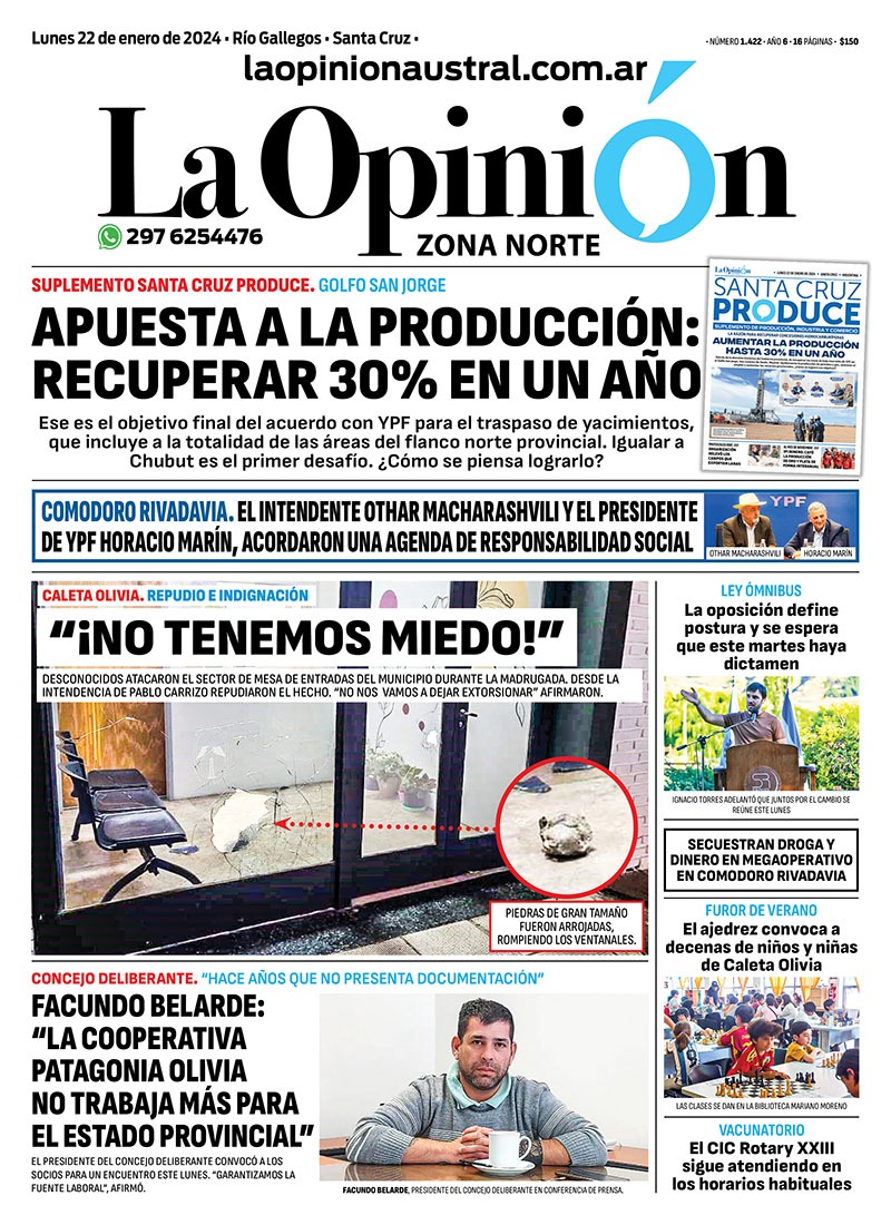 Diario La Opinión Zona Norte tapa edición impresa del lunes 22 de enero de 2024, Caleta Olivia, Santa Cruz, Argentina Diario La Opinión Zona Norte tapa edición impresa del lunes 22 de enero de 2024, Caleta Olivia, Santa Cruz, Argentina