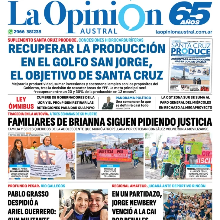 Diario La Opinión Austral tapa edición impresa del lunes 22 de enero de 2024, Río Gallegos, Santa Cruz, Argentina