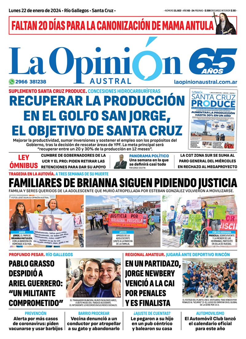 Diario La Opinión Austral tapa edición impresa del lunes 22 de enero de 2024, Río Gallegos, Santa Cruz, Argentina