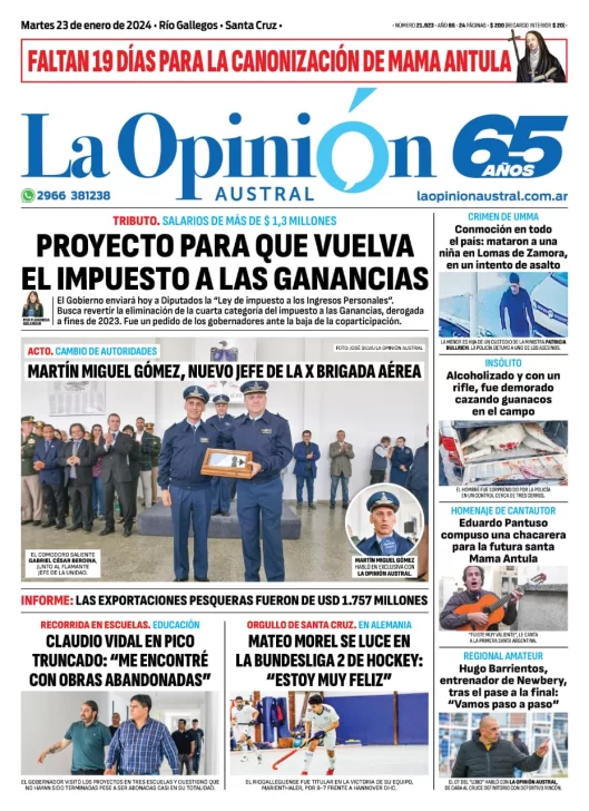 Diario La Opinión Austral tapa edición impresa del martes 23 de enero de 2024, Río Gallegos, Santa Cruz, Argentina