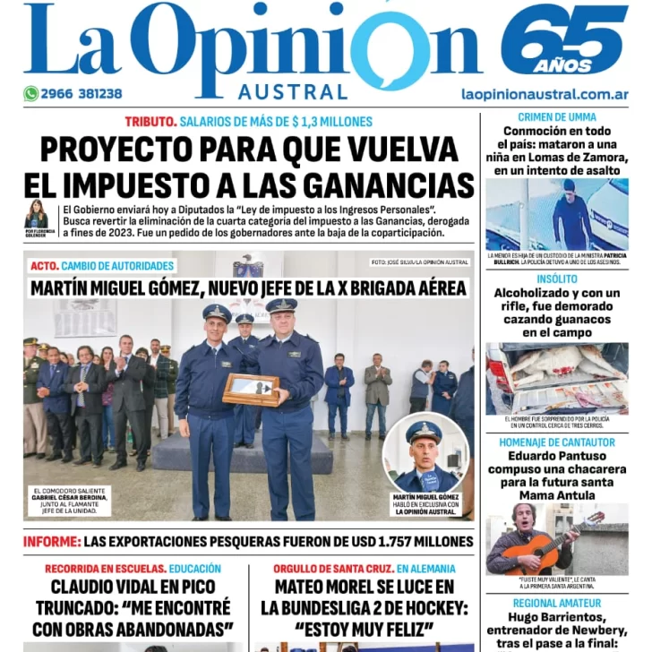 Diario La Opinión Austral tapa edición impresa del martes 23 de enero de 2024, Río Gallegos, Santa Cruz, Argentina