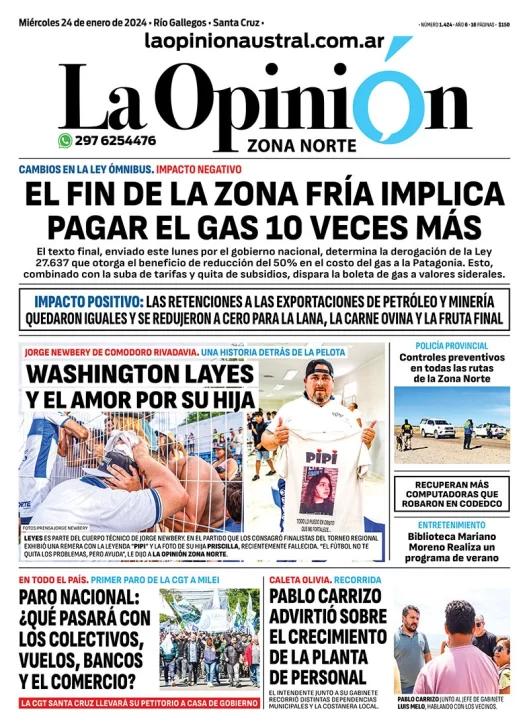 Diario La Opinión Zona Norte tapa edición impresa del miércoles 24 de enero de 2024, Caleta Olivia, Santa Cruz, Argentina