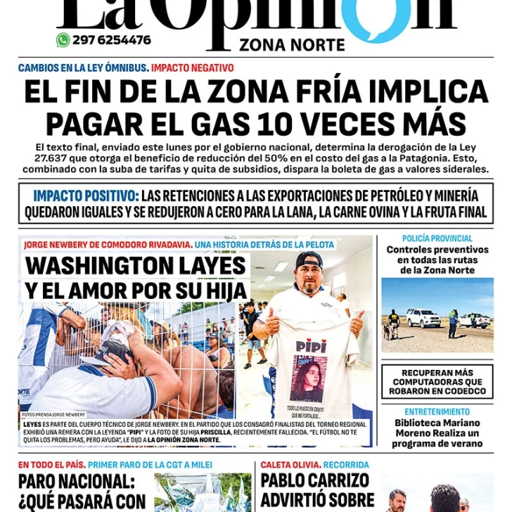 Diario La Opinión Zona Norte tapa edición impresa del miércoles 24 de enero de 2024, Caleta Olivia, Santa Cruz, Argentina Diario La Opinión Zona Norte tapa edición impresa del miércoles 24 de enero de 2024, Caleta Olivia, Santa Cruz, Argentina