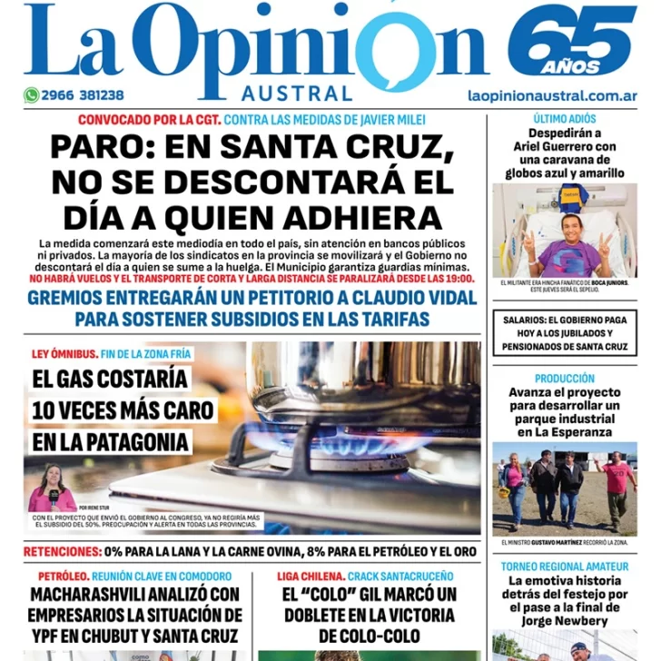 Diario La Opinión Austral tapa edición impresa del miércoles 24 de enero de 2024, Río Gallegos, Santa Cruz, Argentina