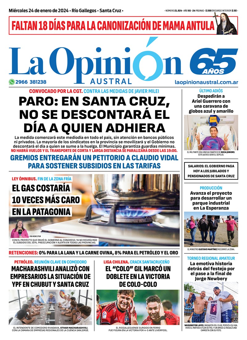 Diario La Opinión Austral tapa edición impresa del miércoles 24 de enero de 2024, Río Gallegos, Santa Cruz, Argentina