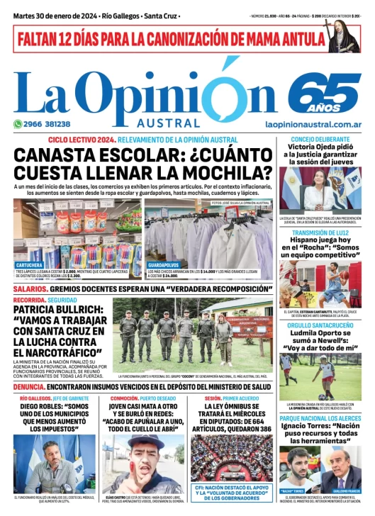 Diario La Opinión Austral tapa edición impresa del martes 30 de enero de 2024, Río Gallegos, Santa Cruz, Argentina