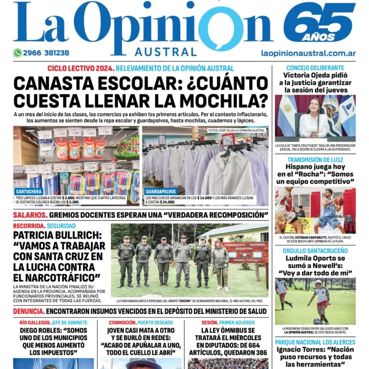 Diario La Opinión Austral tapa edición impresa del martes 30 de enero de 2024, Río Gallegos, Santa Cruz, Argentina