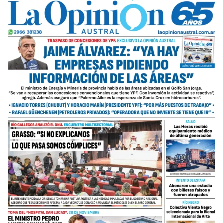 Diario La Opinión Austral tapa edición impresa del domingo 21 de enero de 2024, Río Gallegos, Santa Cruz, Argentina