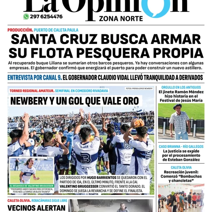 Diario La Opinión Zona Norte tapa edición impresa del martes 16 de enero de 2024, Caleta Olivia, Santa Cruz, Argentina Diario La Opinión Zona Norte tapa edición impresa del martes 16 de enero de 2024, Caleta Olivia, Santa Cruz, Argentina