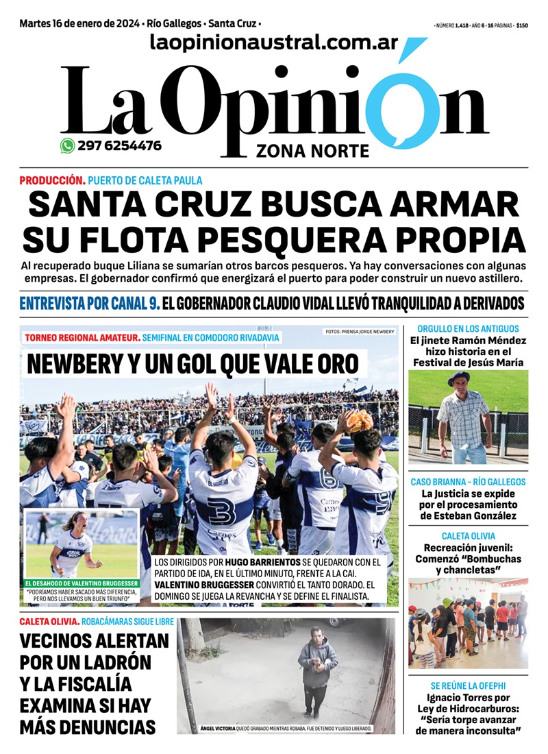 Diario La Opinión Zona Norte tapa edición impresa del martes 16 de enero de 2024, Caleta Olivia, Santa Cruz, Argentina Diario La Opinión Zona Norte tapa edición impresa del martes 16 de enero de 2024, Caleta Olivia, Santa Cruz, Argentina