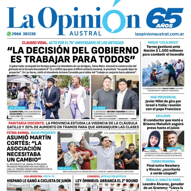 Diario La Opinión Austral tapa edición impresa del martes 6 de febrero de 2024, Río Gallegos, Santa Cruz, Argentina