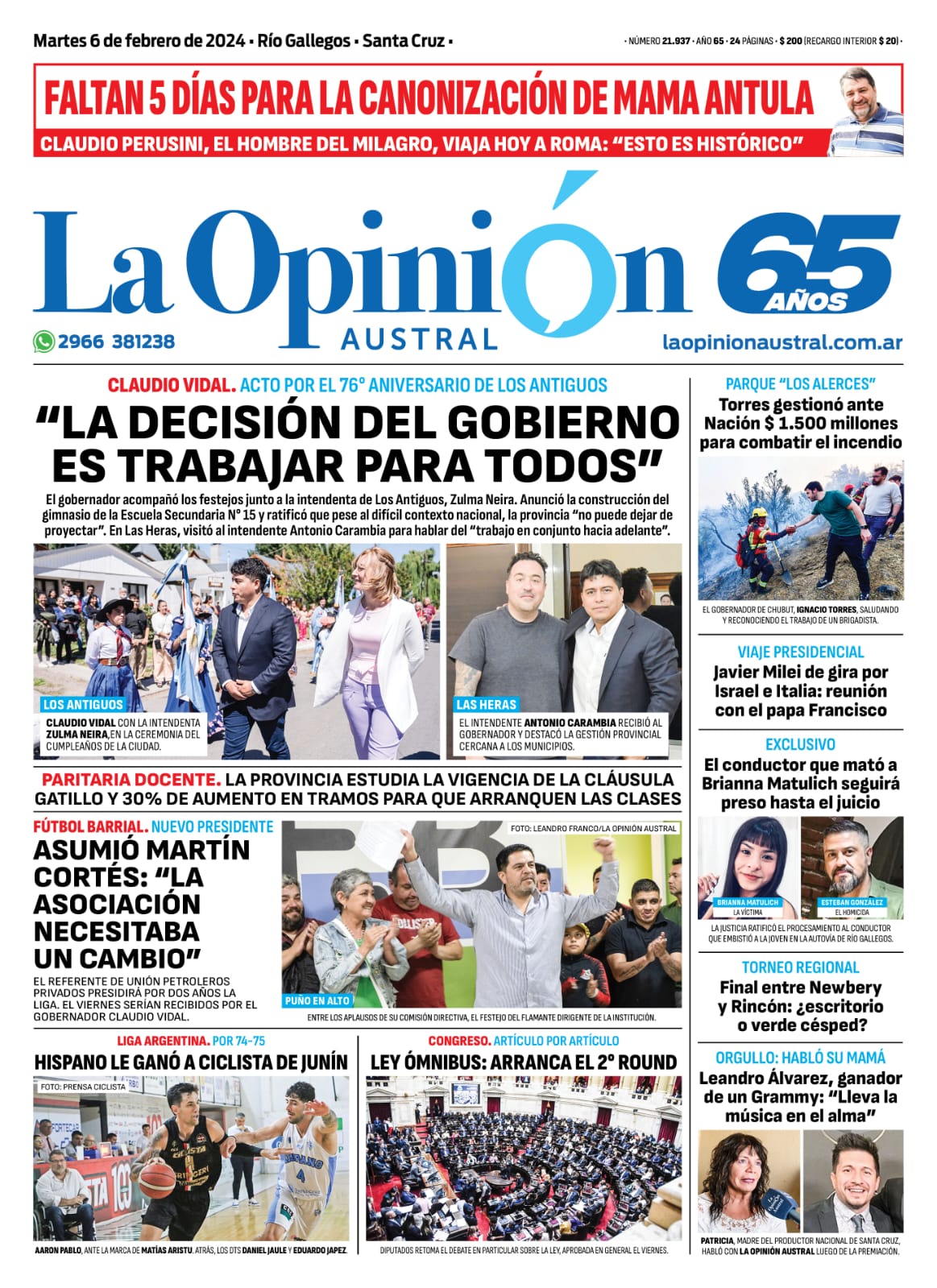 Diario La Opinión Austral tapa edición impresa del martes 6 de febrero de 2024, Río Gallegos, Santa Cruz, Argentina