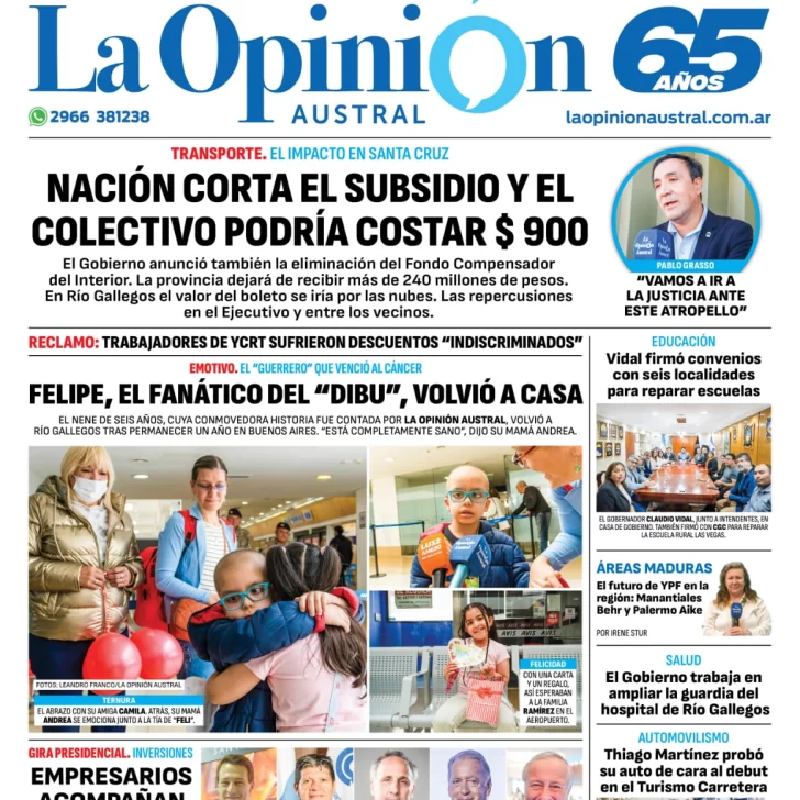 Diario La Opinión Austral tapa edición impresa del viernes 9 de febrero de 2024, Río Gallegos, Santa Cruz, Argentina