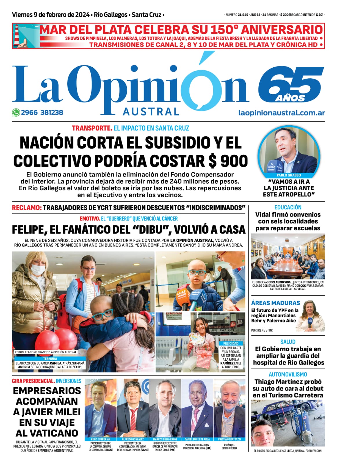 Diario La Opinión Austral tapa edición impresa del viernes 9 de febrero de 2024, Río Gallegos, Santa Cruz, Argentina