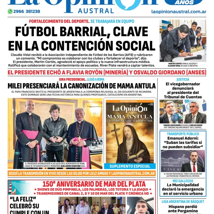 Diario La Opinión Austral tapa edición impresa del sábado 10 de febrero de 2024, Río Gallegos, Santa Cruz, Argentina