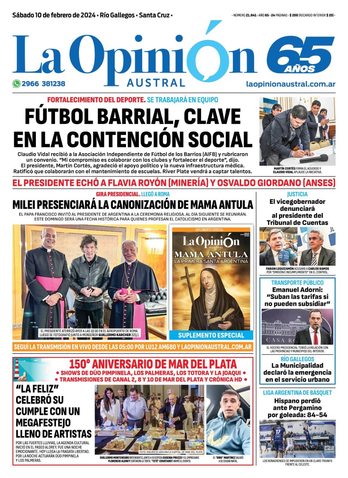 Diario La Opinión Austral tapa edición impresa del sábado 10 de febrero de 2024, Río Gallegos, Santa Cruz, Argentina