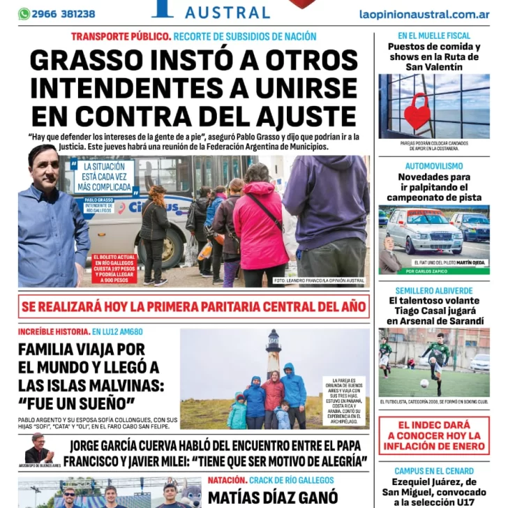 Diario La Opinión Austral tapa edición impresa del miércoles 14 febrero de 2024, Río Gallegos, Santa Cruz, Argentina