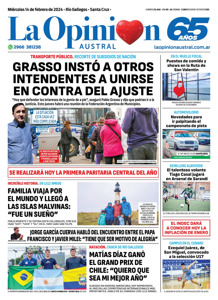 Diario La Opinión Austral tapa edición impresa del miércoles 14 febrero de 2024, Río Gallegos, Santa Cruz, Argentina