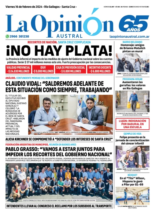 Diario La Opinión Austral tapa edición impresa del viernes 16 de febrero de 2024, Río Gallegos, Santa Cruz, Argentina