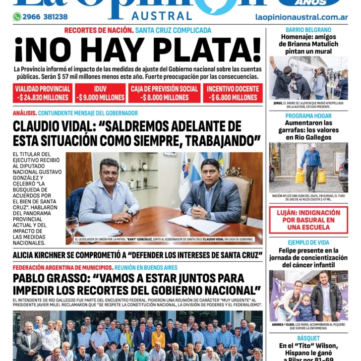 Diario La Opinión Austral tapa edición impresa del viernes 16 de febrero de 2024, Río Gallegos, Santa Cruz, Argentina