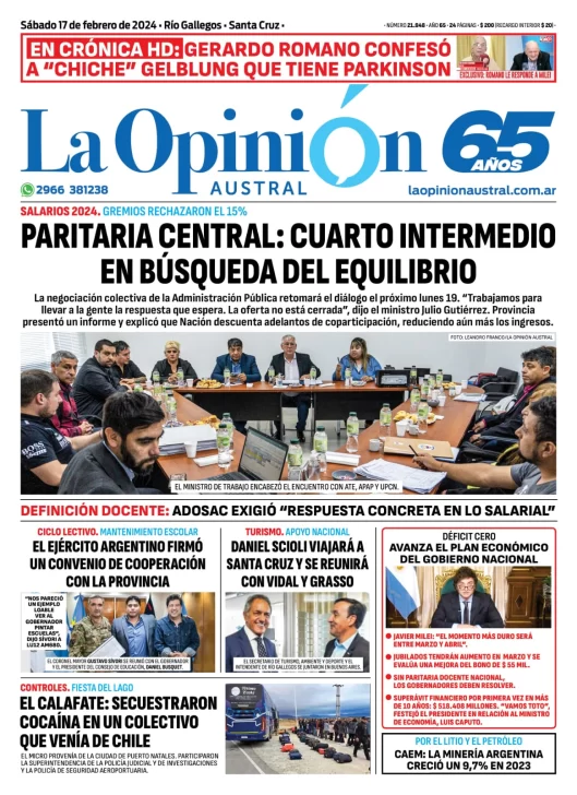 Diario La Opinión Austral tapa edición impresa del sábado 17 de febrero de 2024, Río Gallegos, Santa Cruz, Argentina